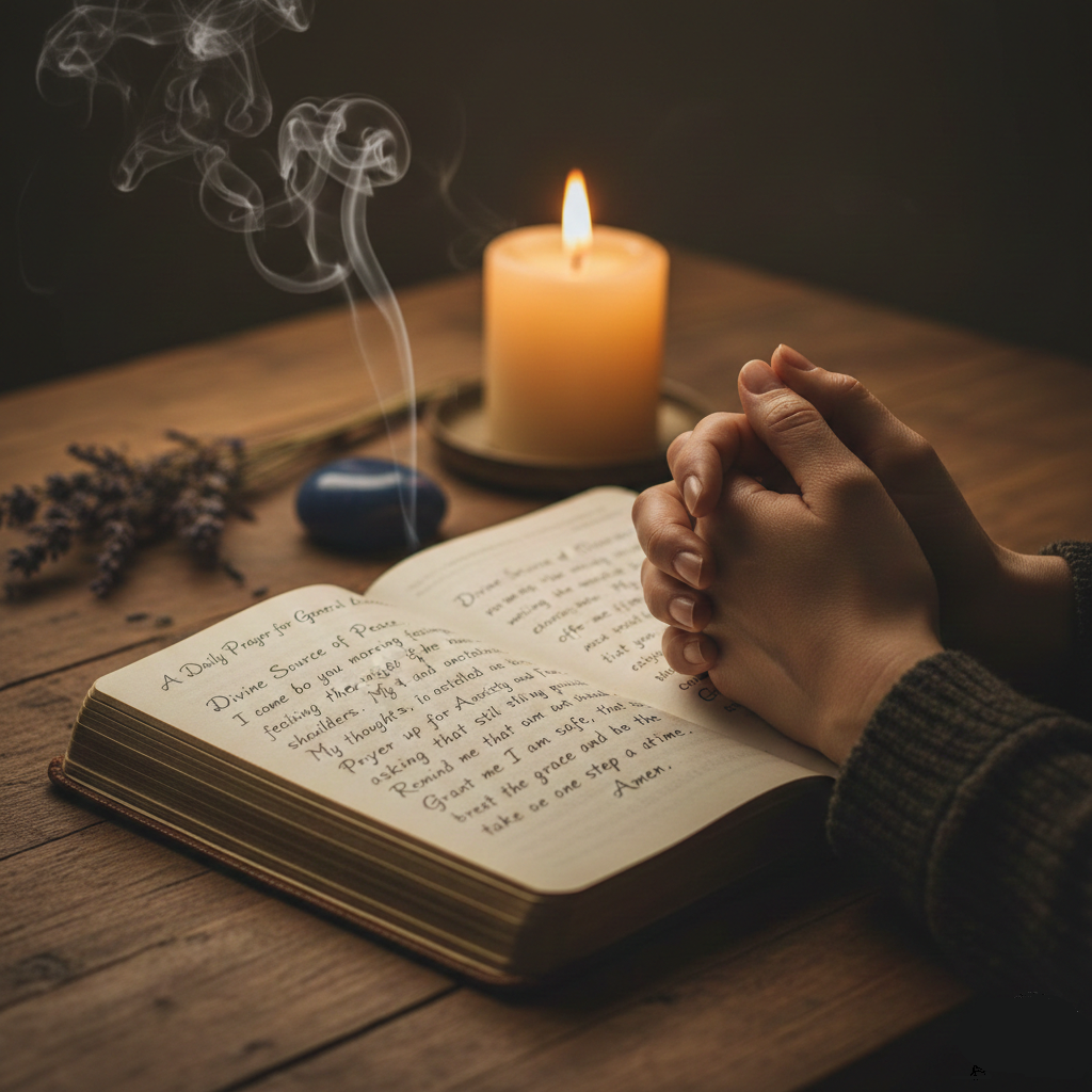 Prayer for anxiety and fear with hands folded over a Bible